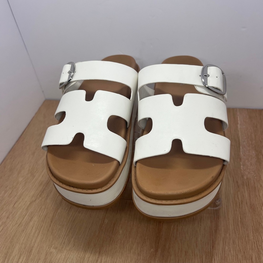 Top Moda Traci-25 Platform Sandals Women Size 7 White Good Buckle H-Strap Chunky